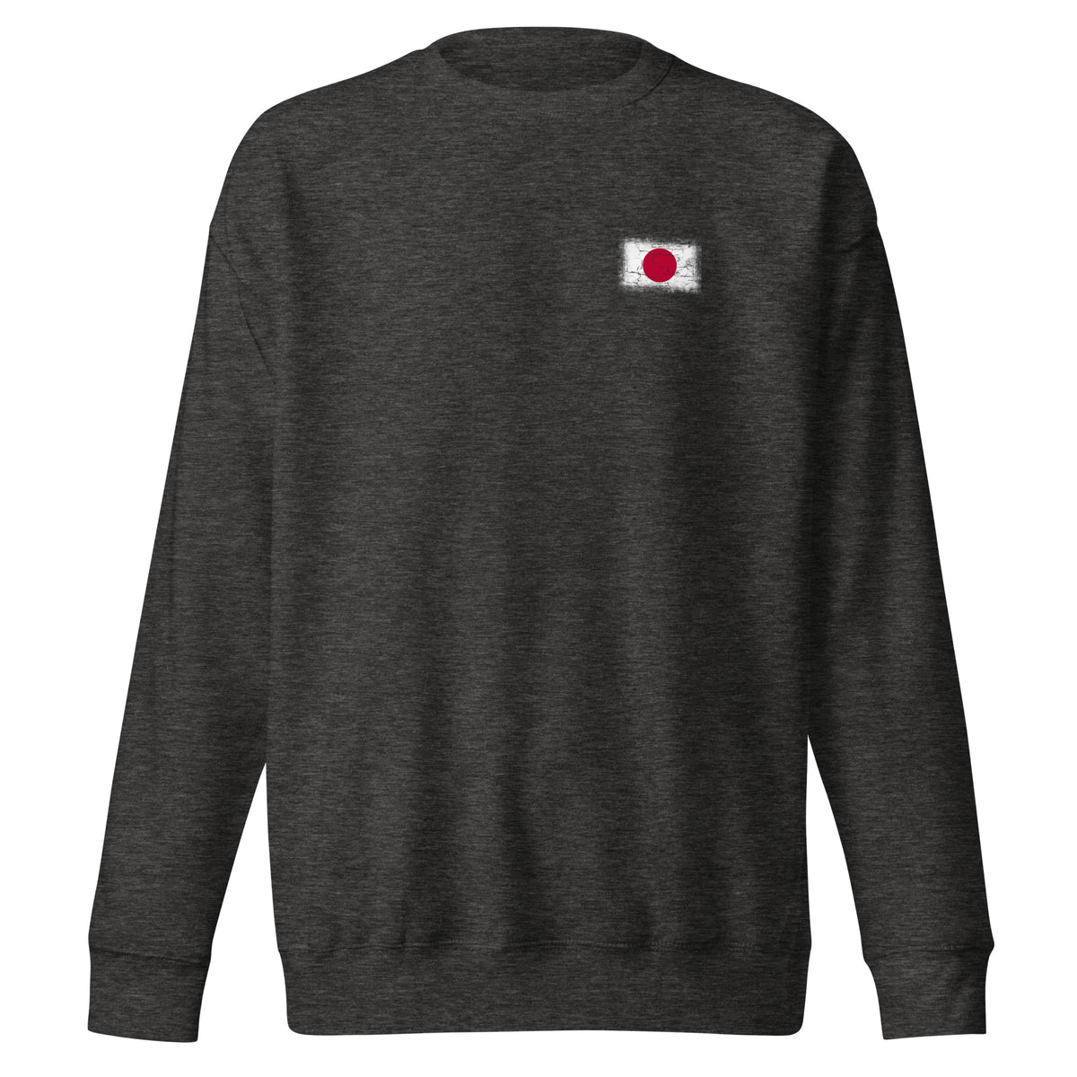 Japan flag sweatshirt in Charcoal Heather, vintage-washed print, small flag on the left chest, unisex cut, front view