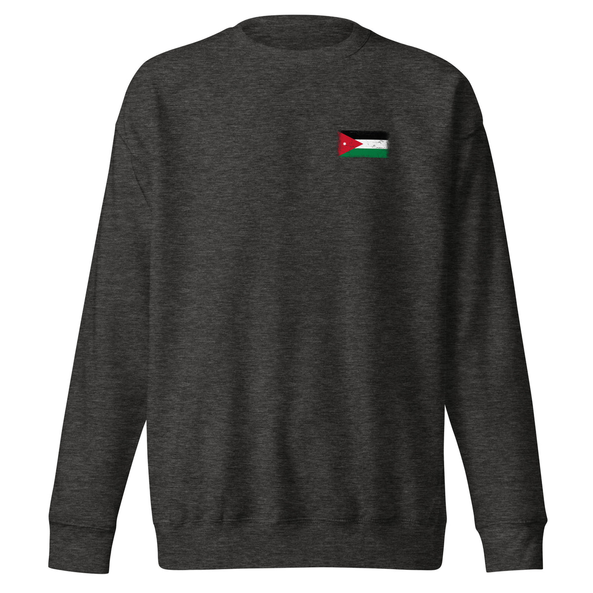 Jordan flag sweatshirt in Charcoal Heather, vintage-washed print, small flag on the left chest, unisex cut, front view