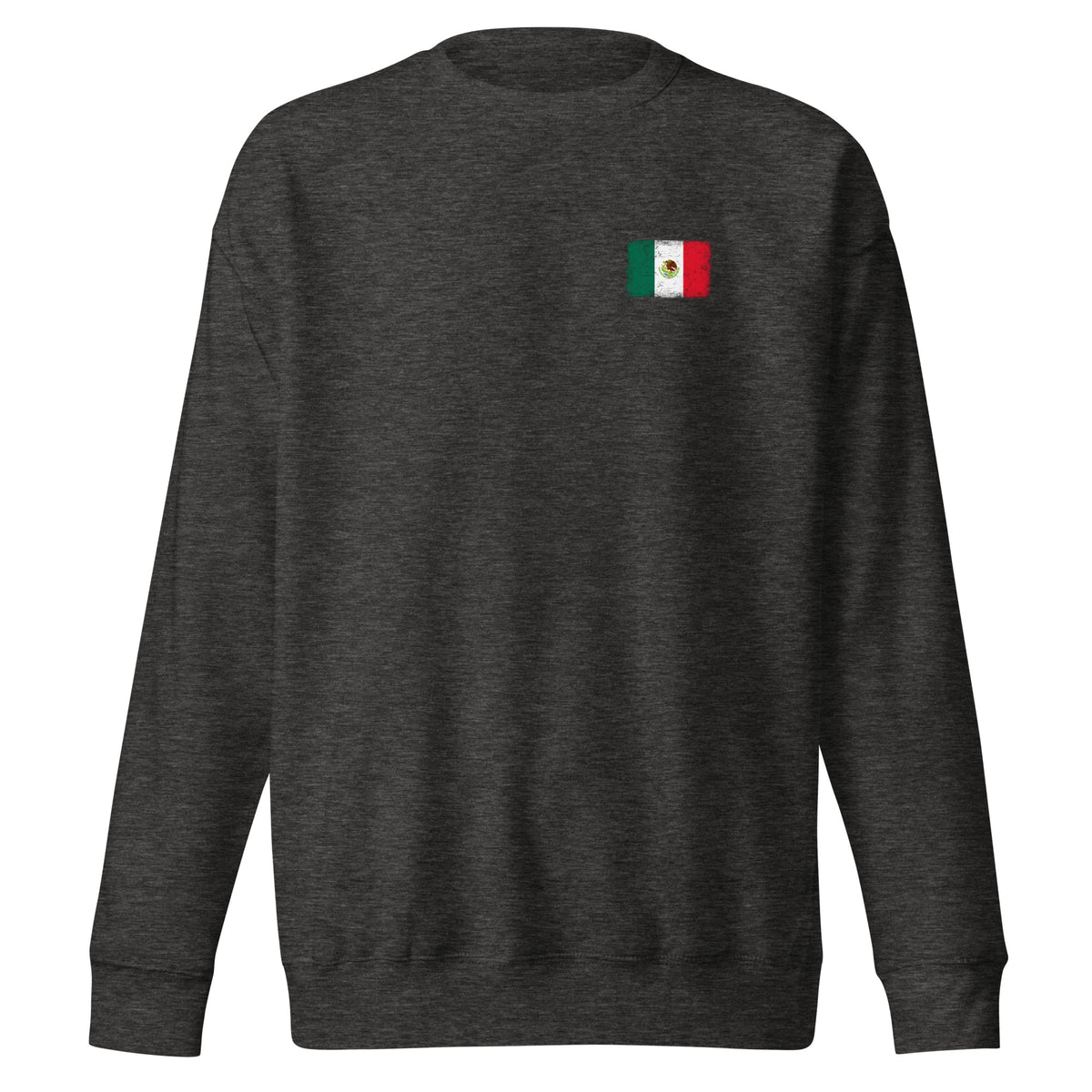 Mexico flag sweatshirt in Charcoal Heather, vintage-washed print, small flag on the left chest, unisex cut, front view