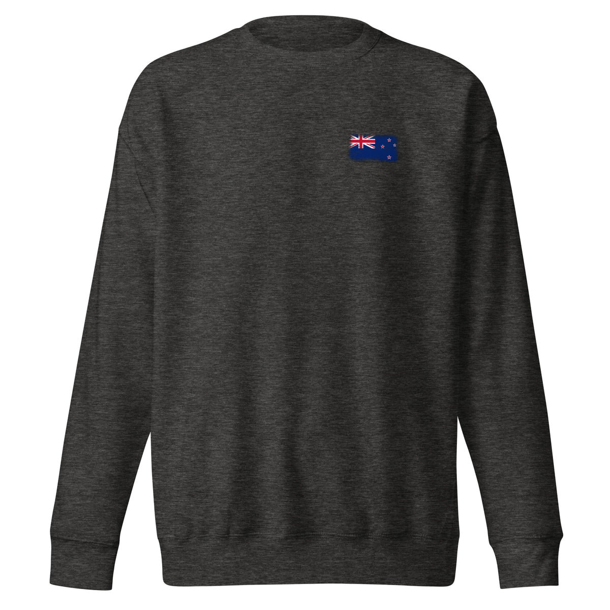 New Zealand flag sweatshirt in Charcoal Heather, vintage-washed print, small flag on the left chest, unisex cut, front view