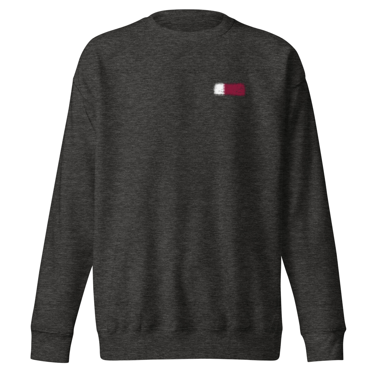 Qatar flag sweatshirt in Charcoal Heather, vintage-washed print, small flag on the left chest, unisex cut, front view