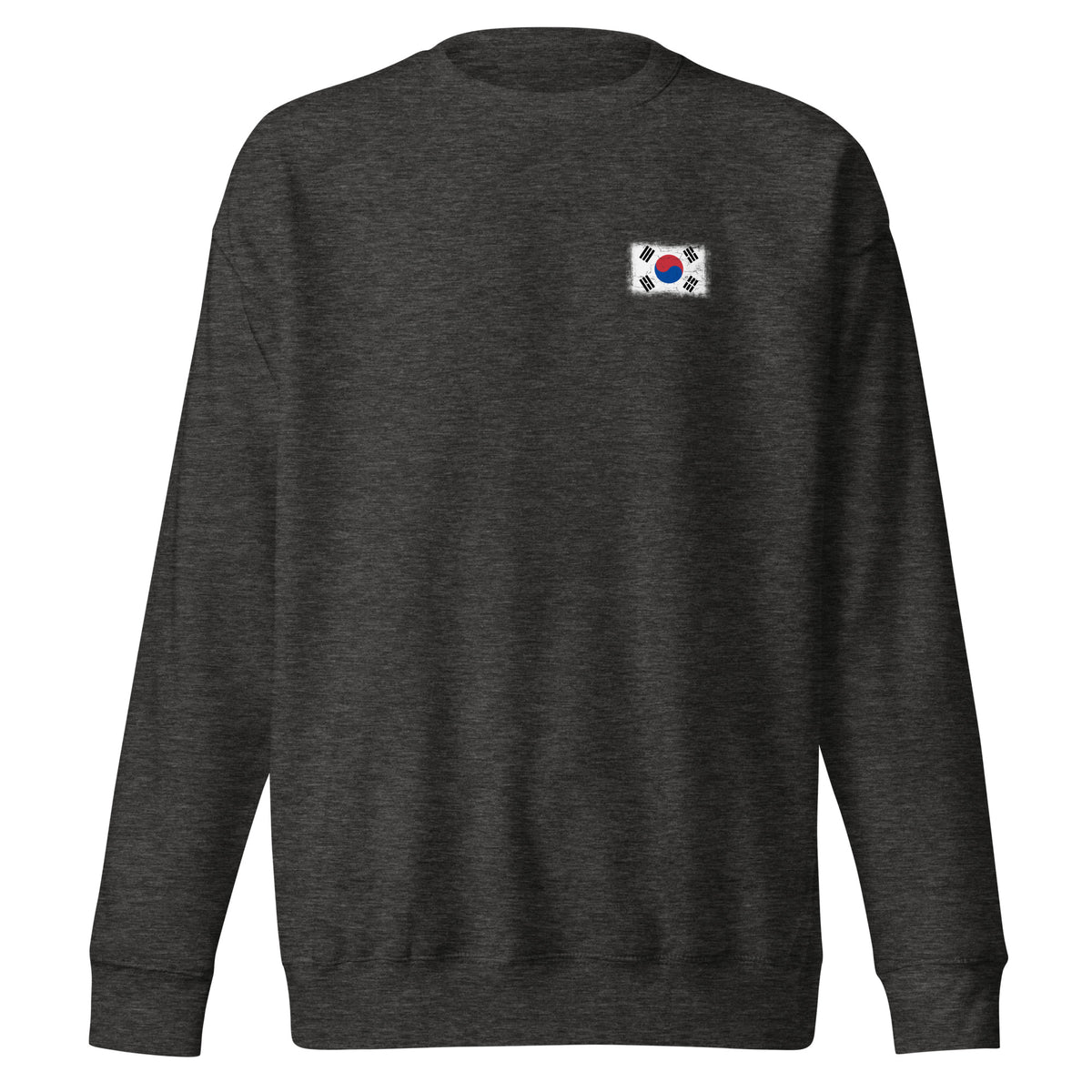 South Korea flag sweatshirt in Charcoal Heather, vintage-washed print, small flag on the left chest, unisex cut, front view