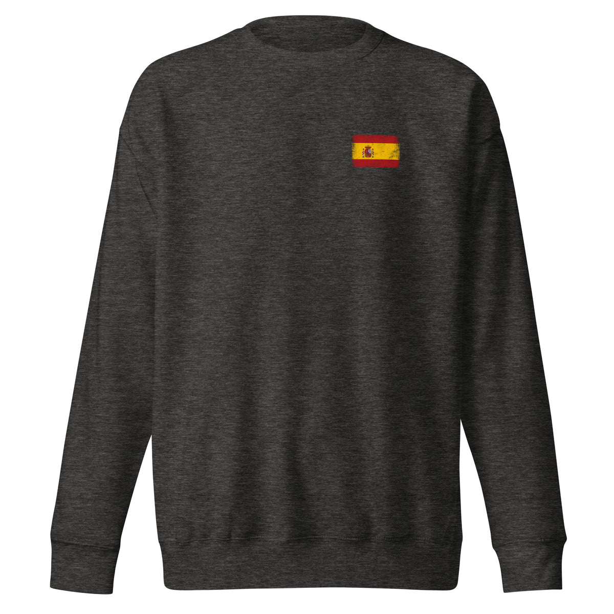 Spain flag sweatshirt in Charcoal Heather, vintage-washed print, small flag on the left chest, unisex cut, front view