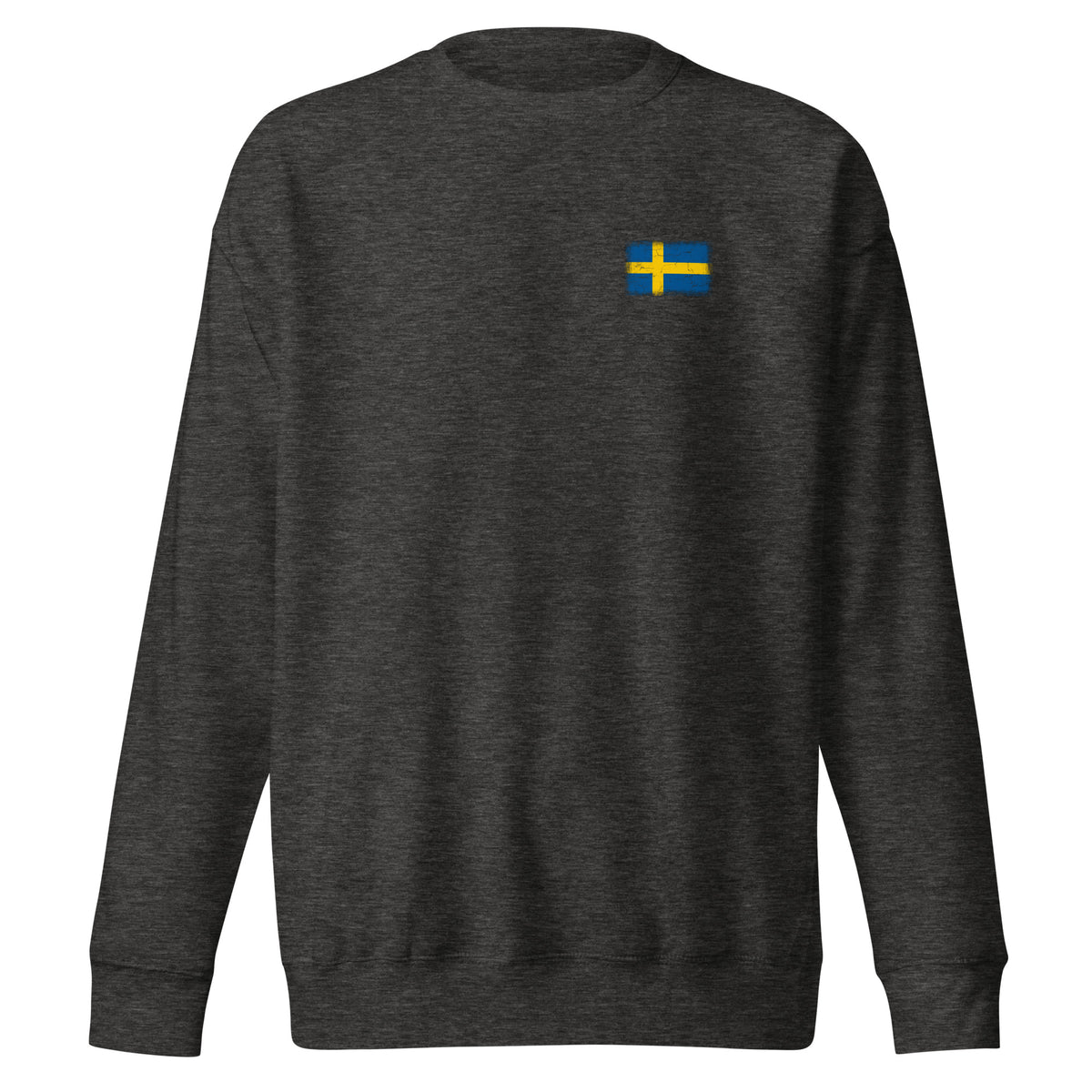 Sweden flag sweatshirt in Charcoal Heather, vintage-washed print, small flag on the left chest, unisex cut, front view