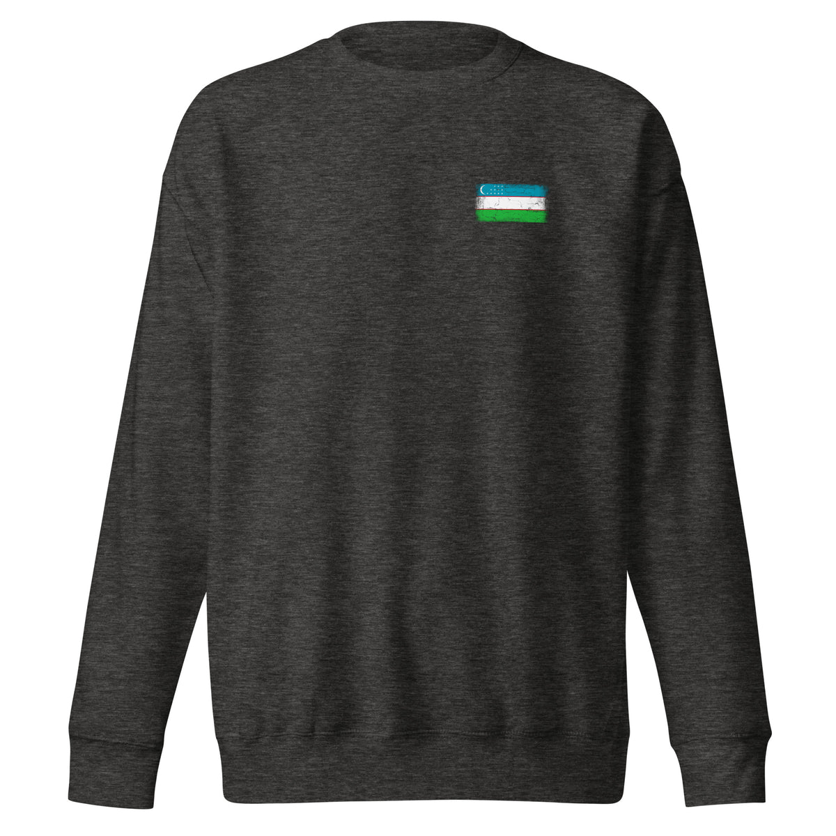Uzbekistan flag sweatshirt in Charcoal Heather, vintage-washed print, small flag on the left chest, unisex cut, front view