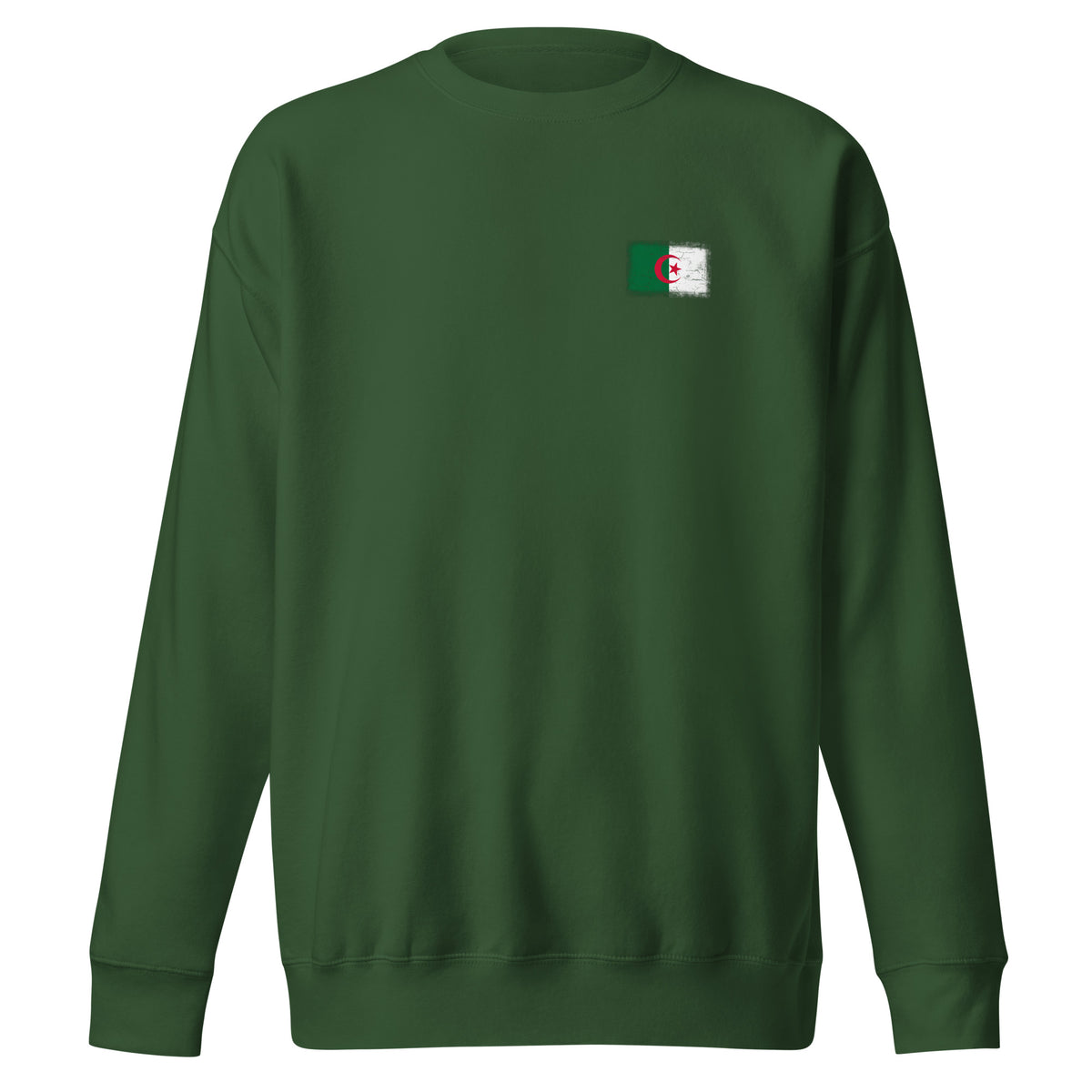 Algeria flag sweatshirt in Forest Green, vintage-washed print, small flag on the left chest, unisex cut, front view