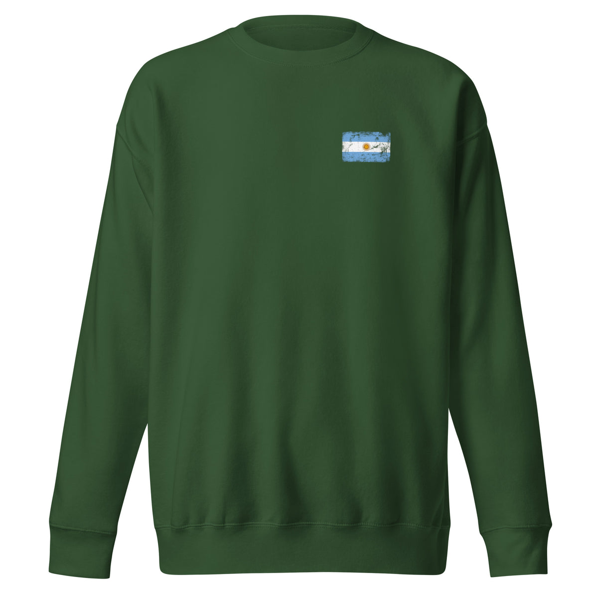 Argentina flag sweatshirt in Forest Green, vintage-washed print, small flag on the left chest, unisex cut, front view