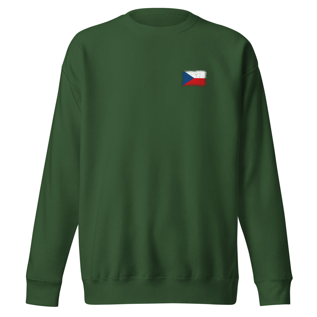 Czechia flag sweatshirt in Forest Green, vintage-washed print, small flag on the left chest, unisex cut, front view