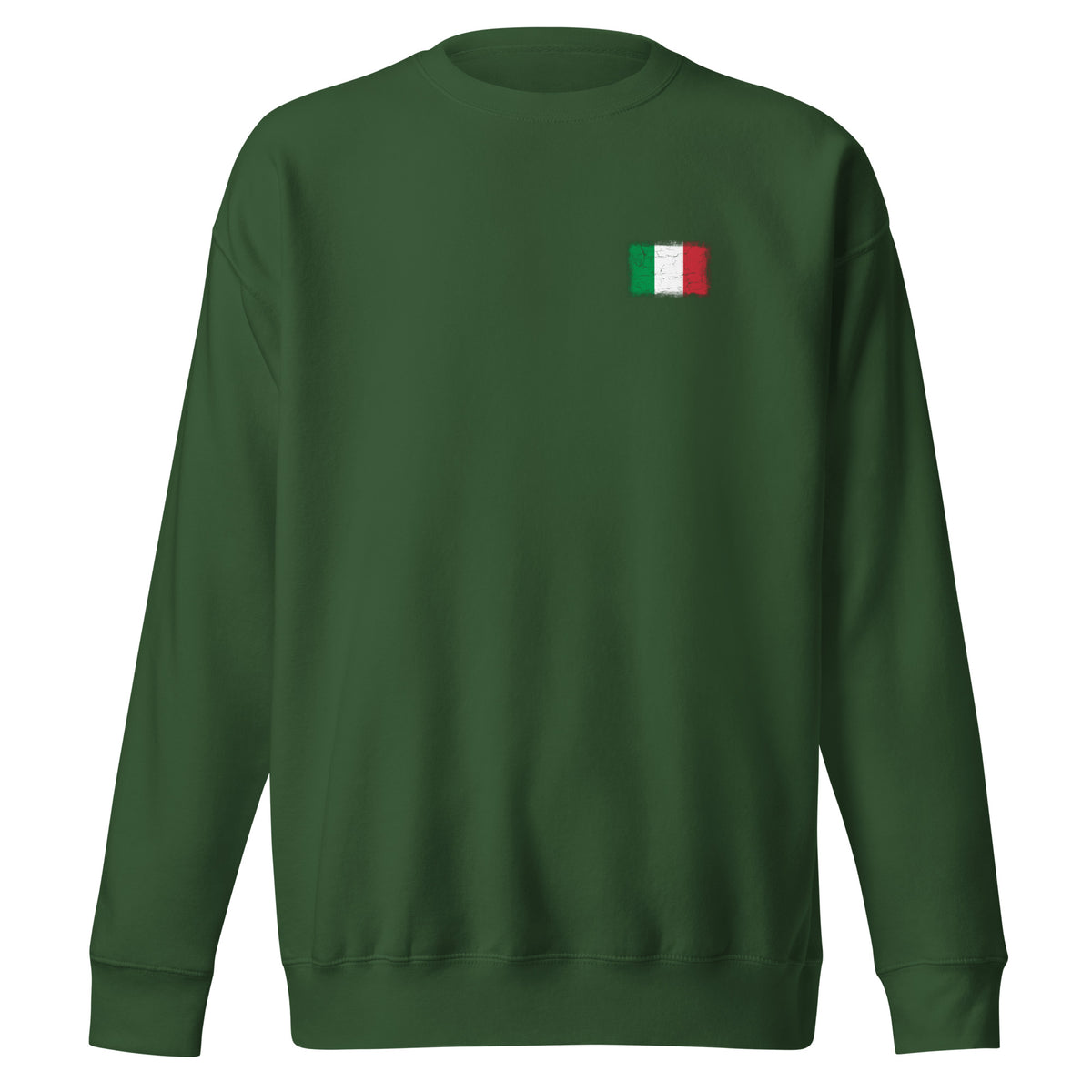 Italy flag sweatshirt in Forest Green, vintage-washed print, small flag on the left chest, unisex cut, front view