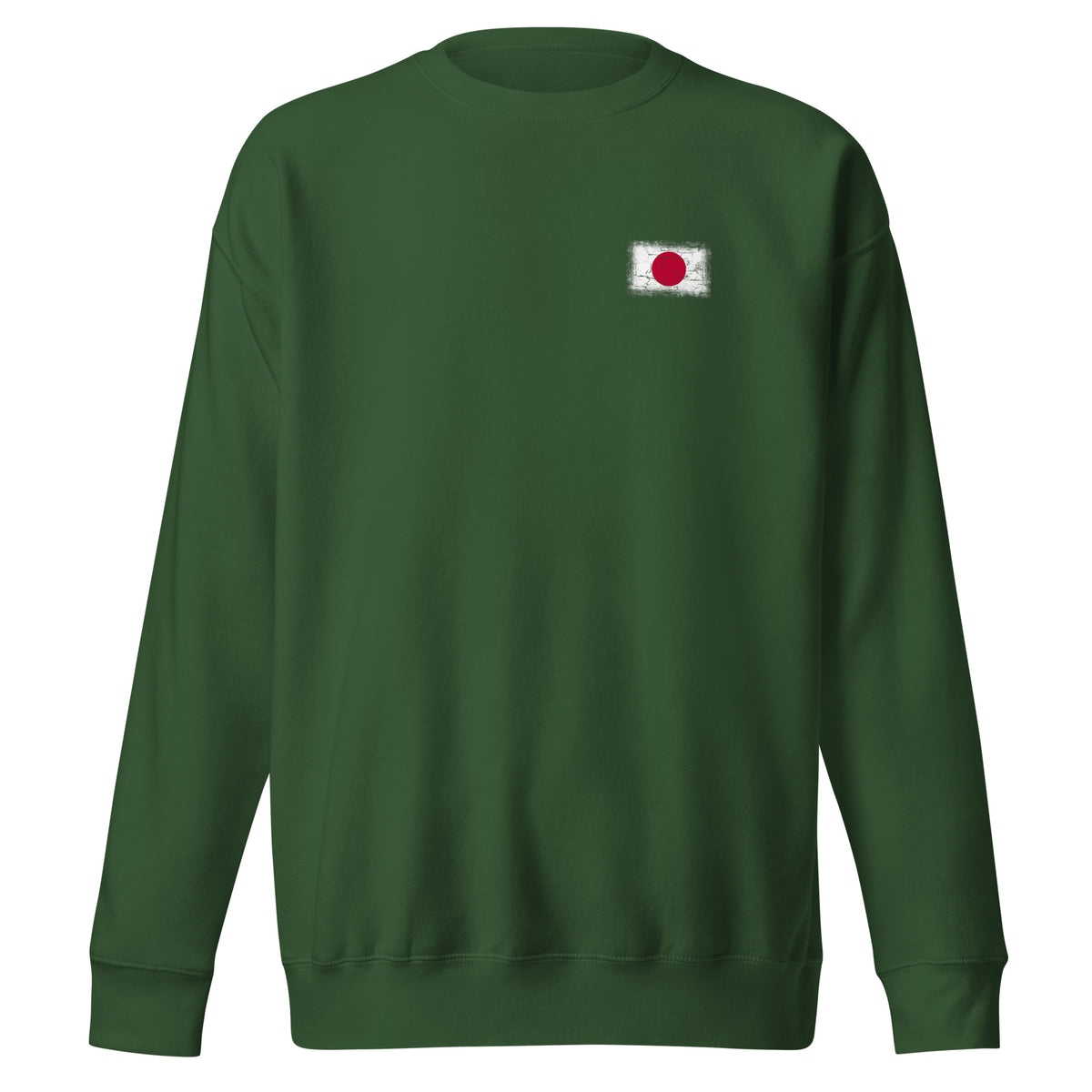 Japan flag sweatshirt in Forest Green, vintage-washed print, small flag on the left chest, unisex cut, front view