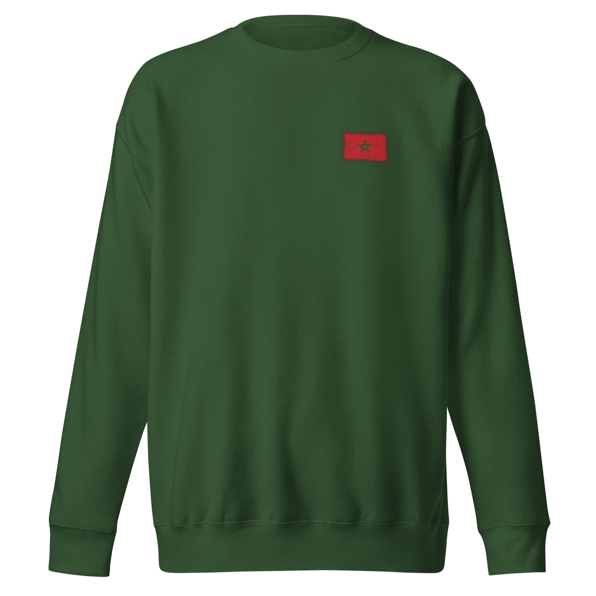 Morocco flag sweatshirt in Forest Green, vintage-washed print, small flag on the left chest, unisex cut, front view