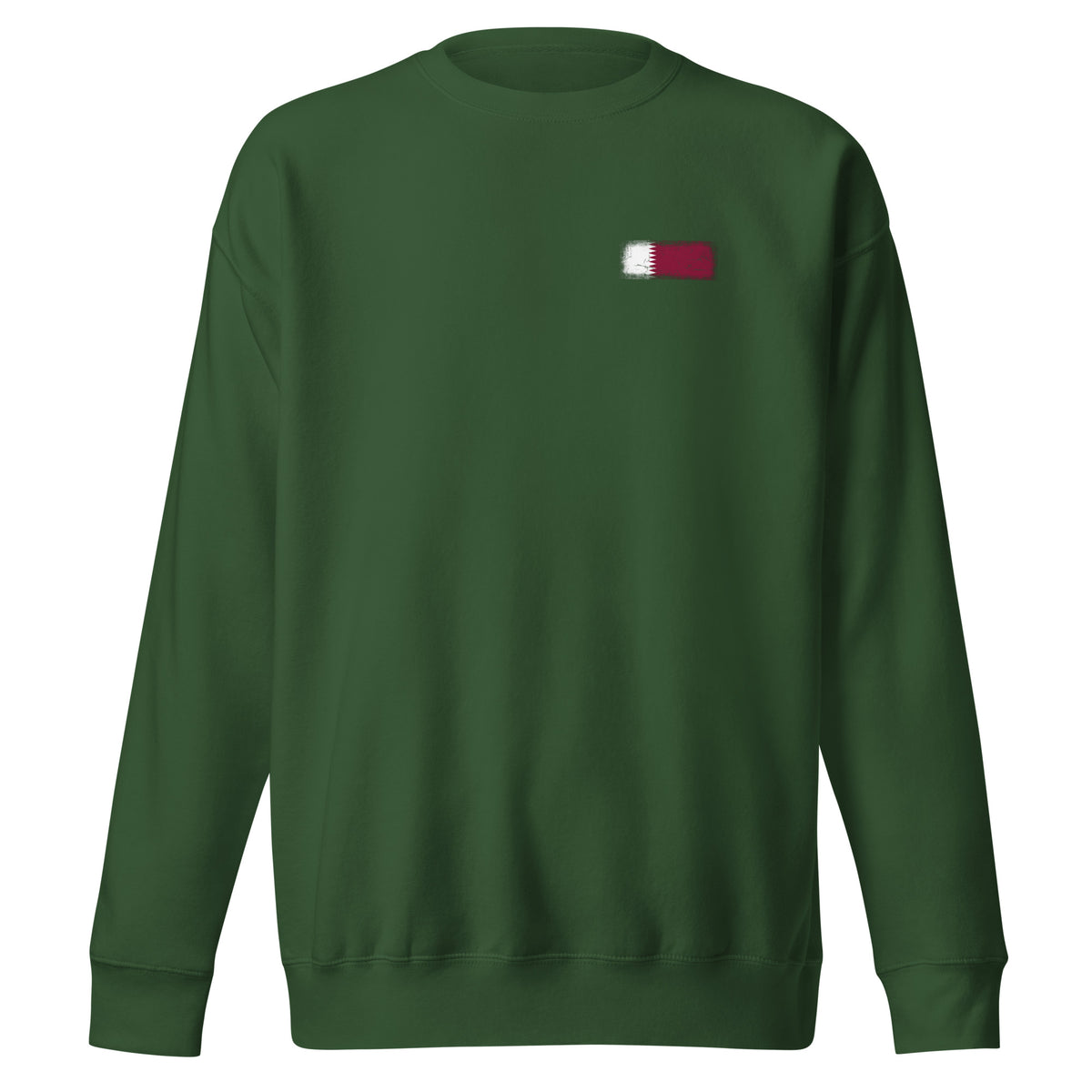 Qatar flag sweatshirt in Forest Green, vintage-washed print, small flag on the left chest, unisex cut, front view