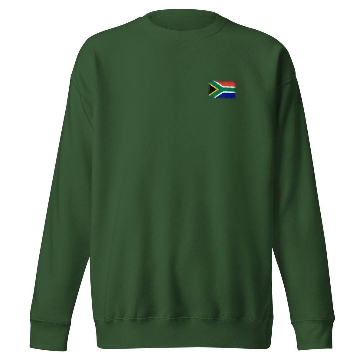 South Africa flag sweatshirt in Forest Green, vintage-washed print, small flag on the left chest, unisex cut, front view