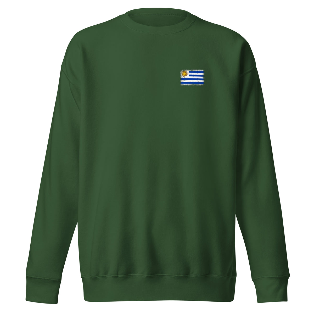 Uruguay flag sweatshirt in Forest Green, vintage-washed print, small flag on the left chest, unisex cut, front view