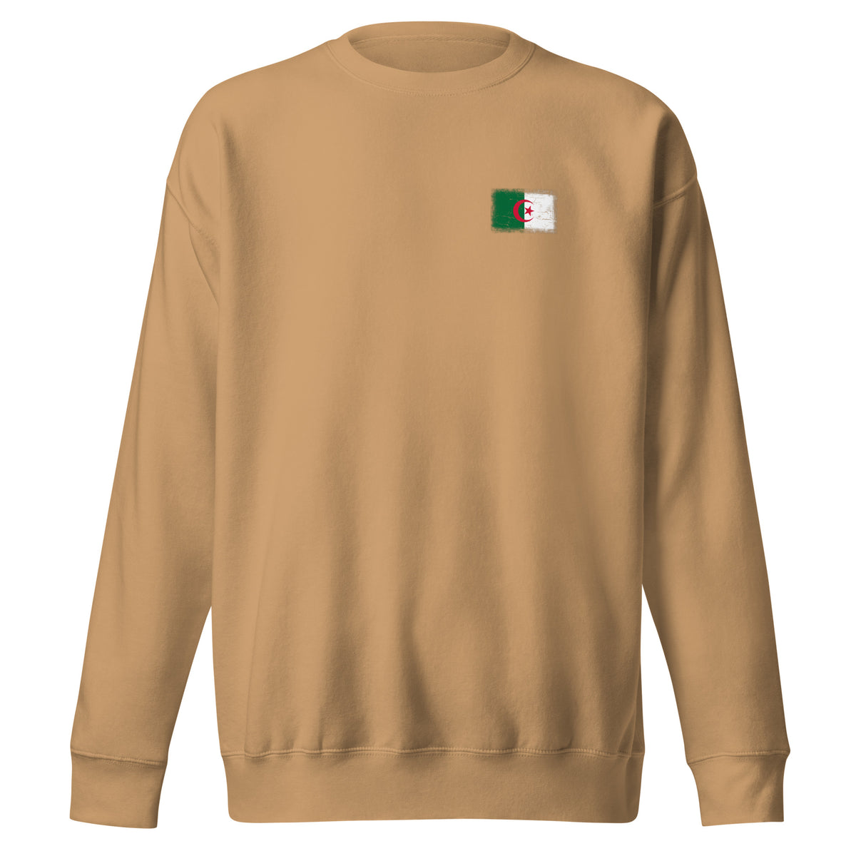 Algeria flag sweatshirt in Khaki, vintage-washed print, small flag on the left chest, unisex cut, front view