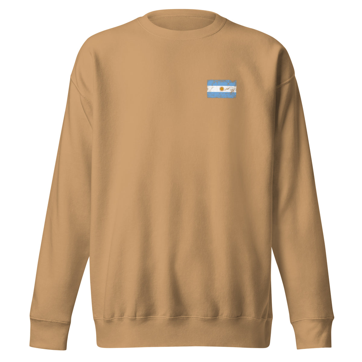 Argentina flag sweatshirt in Khaki, vintage-washed print, small flag on the left chest, unisex cut, front view