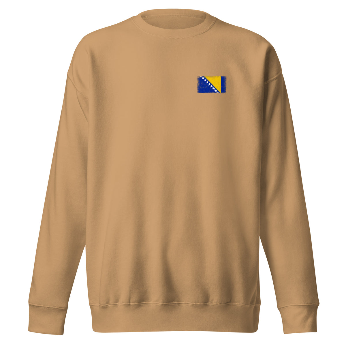 Bosnia and Herzegovina flag sweatshirt in Khaki, vintage-washed print, small flag on the left chest, unisex cut, front view