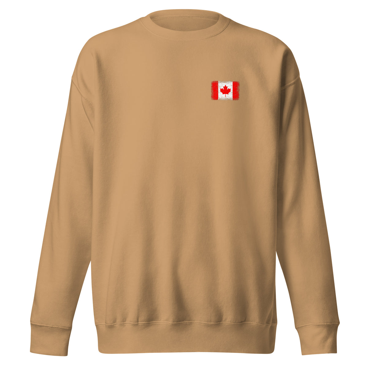 Canada flag sweatshirt in Khaki, vintage-washed print, small flag on the left chest, unisex cut, front view