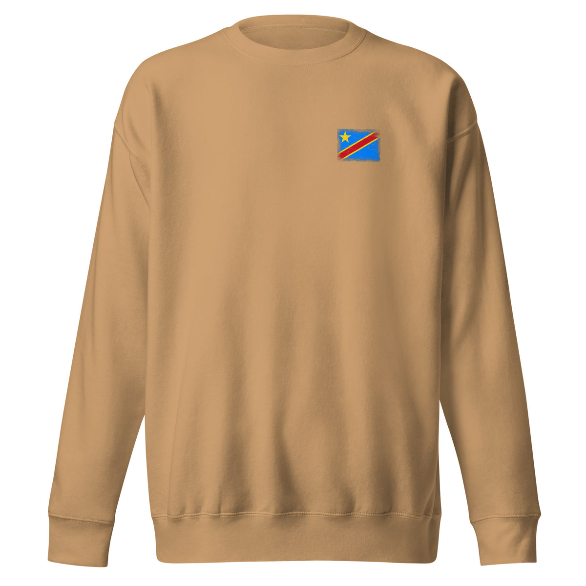 Congo flag sweatshirt in Khaki, vintage-washed print, small flag on the left chest, unisex cut, front view