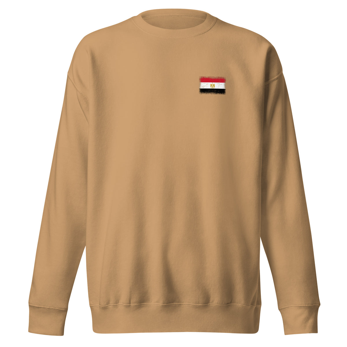 Egypt flag sweatshirt in Khaki, vintage-washed print, small flag on the left chest, unisex cut, front view