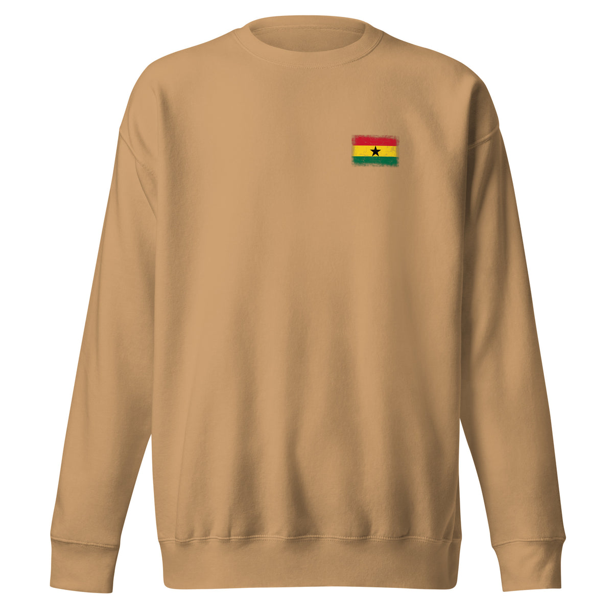 Ghana flag sweatshirt in Khaki, vintage-washed print, small flag on the left chest, unisex cut, front view
