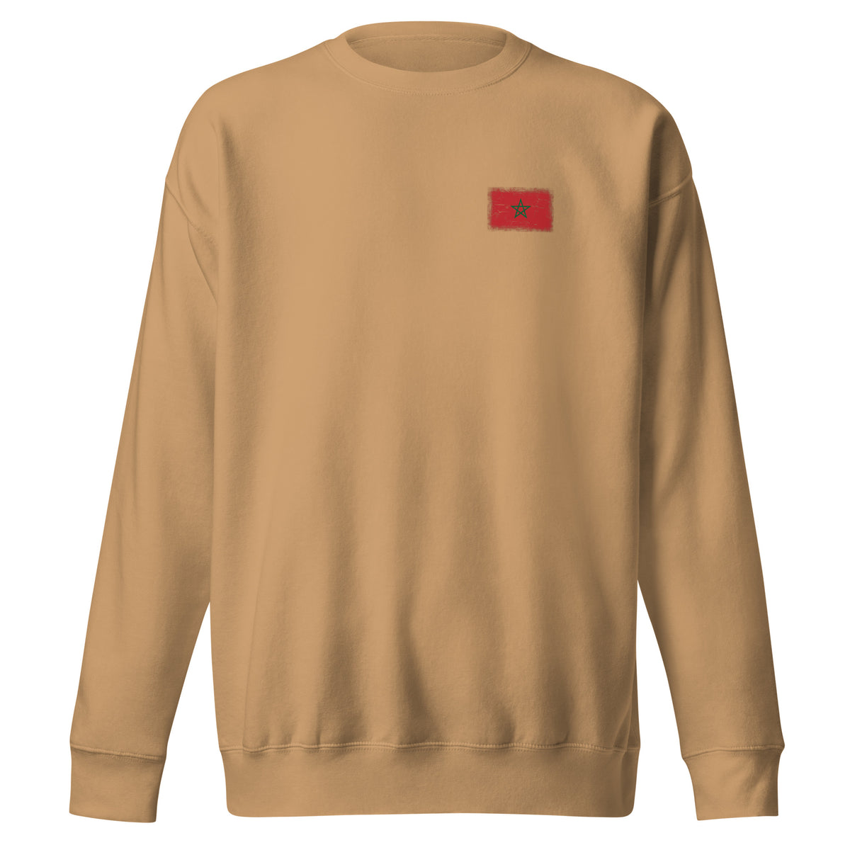 Morocco flag sweatshirt in Khaki, vintage-washed print, small flag on the left chest, unisex cut, front view