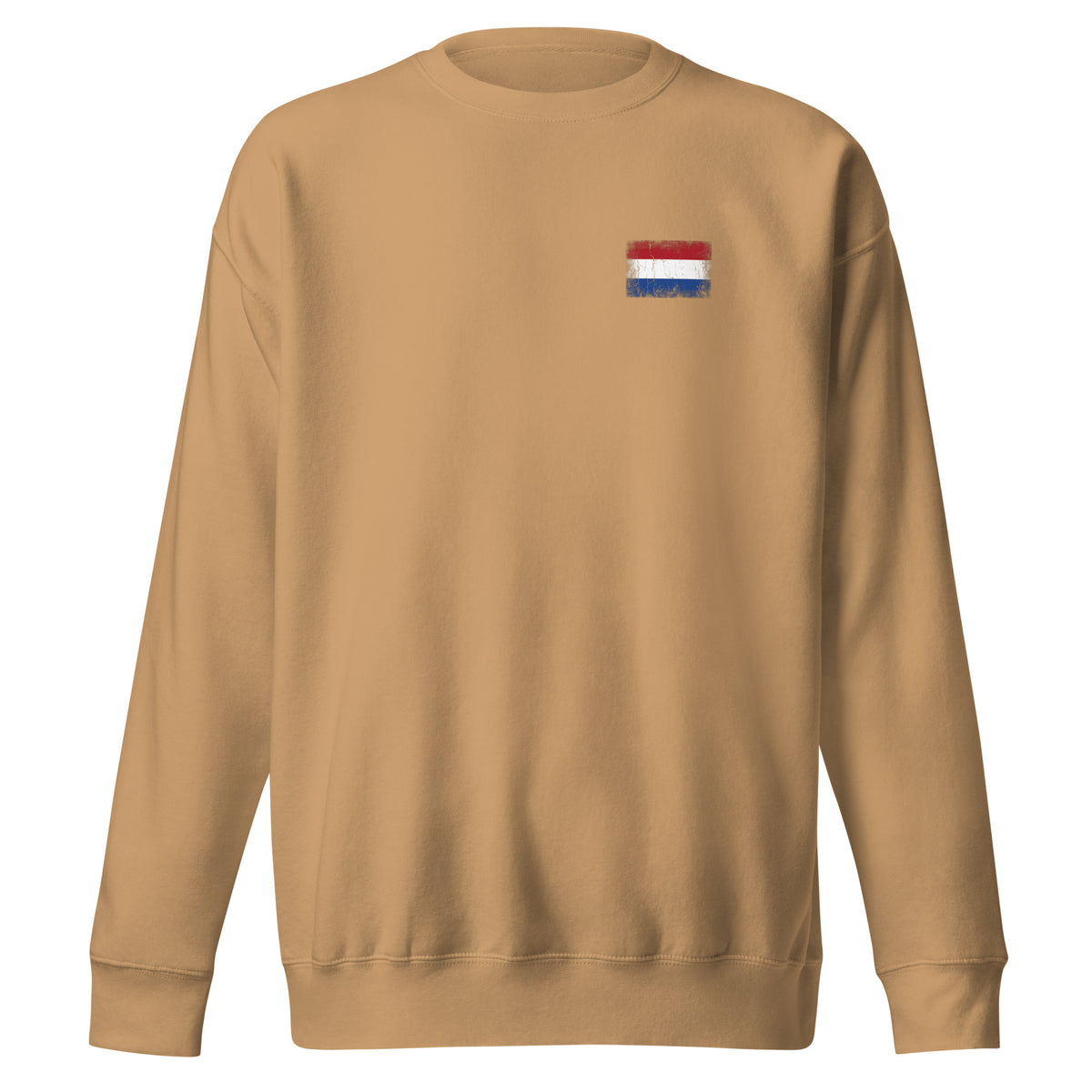 Netherlands flag sweatshirt in Khaki, vintage-washed print, small flag on the left chest, unisex cut, front view