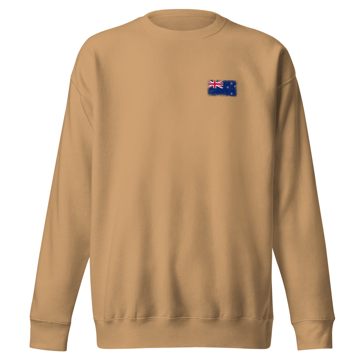 New Zealand flag sweatshirt in Khaki, vintage-washed print, small flag on the left chest, unisex cut, front view