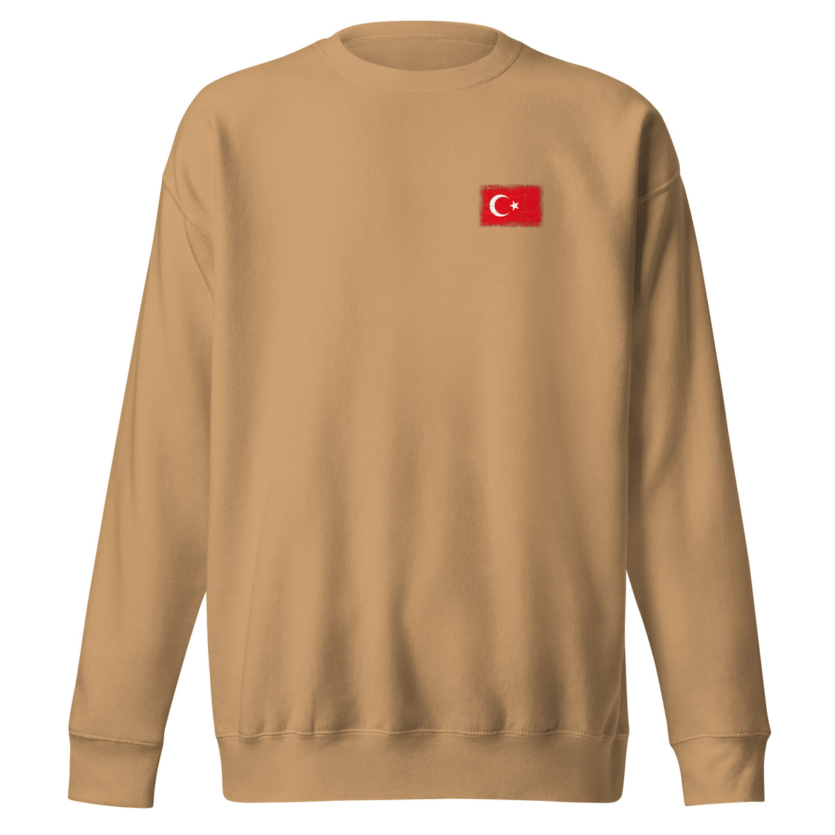 Turkey flag sweatshirt in Khaki, vintage-washed print, small flag on the left chest, unisex cut, front view