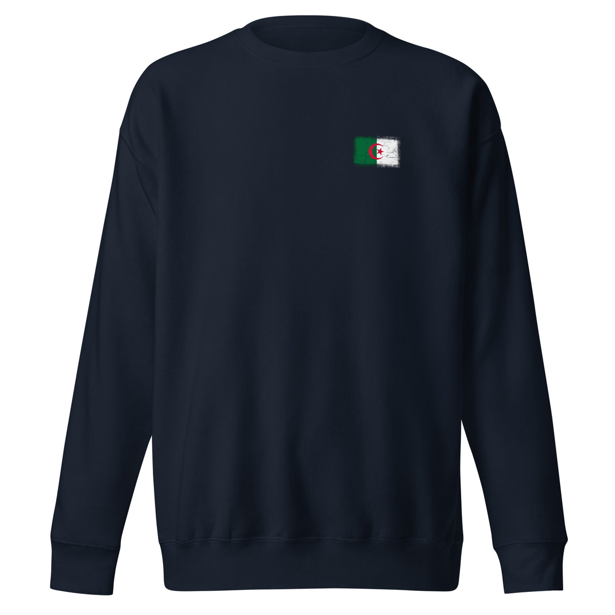 Algeria flag sweatshirt in Navy Blazer, vintage-washed print, small flag on the left chest, unisex cut, front view