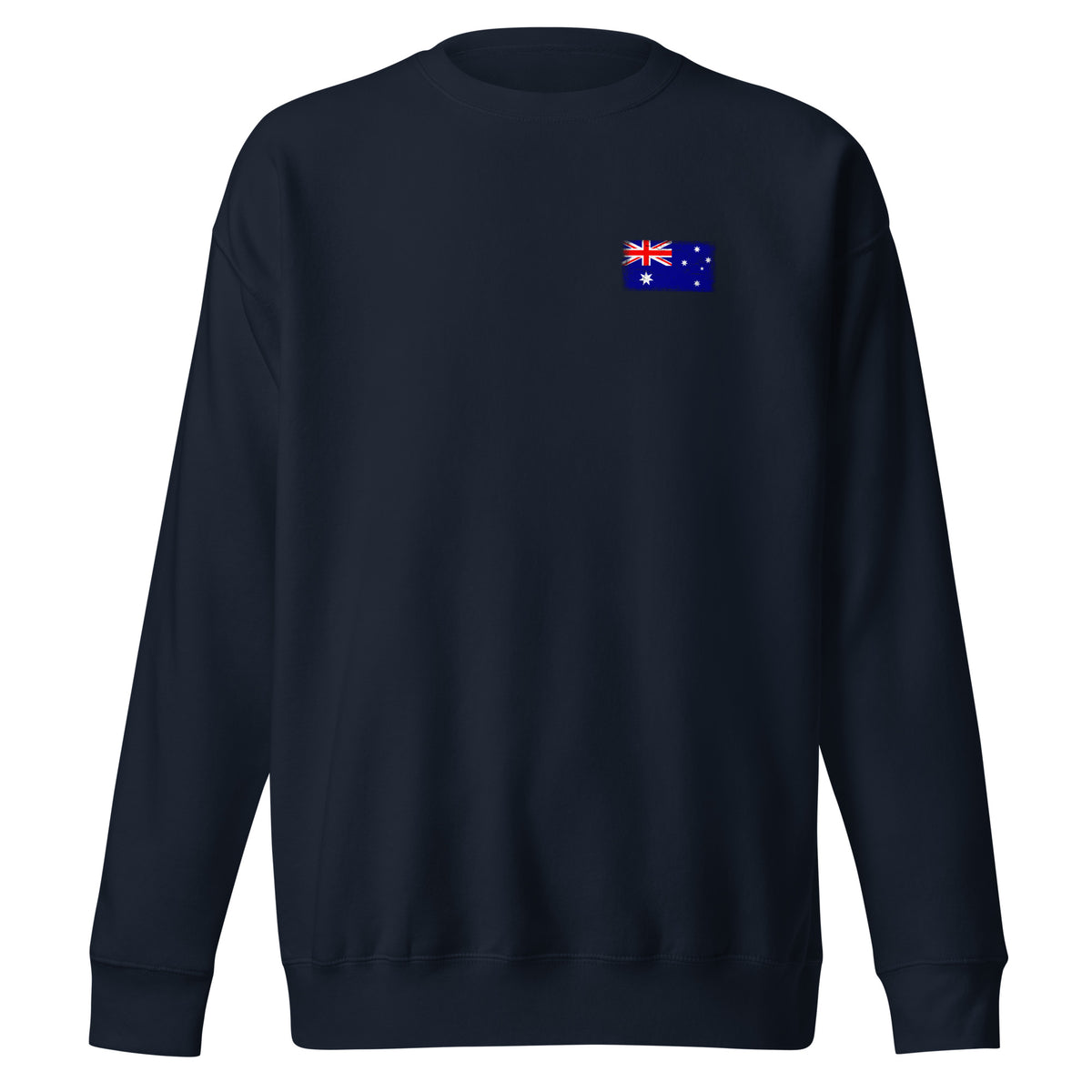 Australia flag sweatshirt in Navy Blazer, vintage-washed print, small flag on the left chest, unisex cut, front view