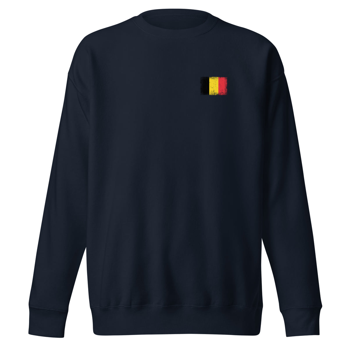 Belgium flag sweatshirt in Navy Blazer, vintage-washed print, small flag on the left chest, unisex cut, front view