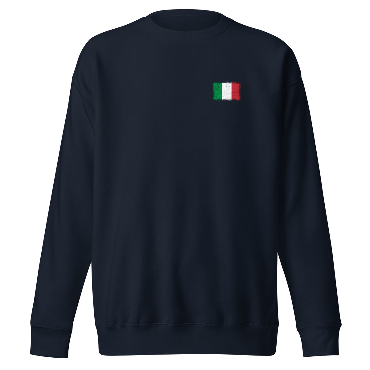 Italy flag sweatshirt in Navy Blazer, vintage-washed print, small flag on the left chest, unisex cut, front view