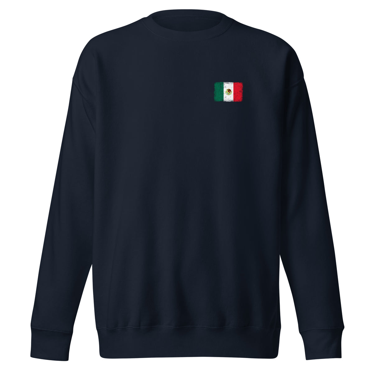 Mexico flag sweatshirt in Navy Blazer, vintage-washed print, small flag on the left chest, unisex cut, front view