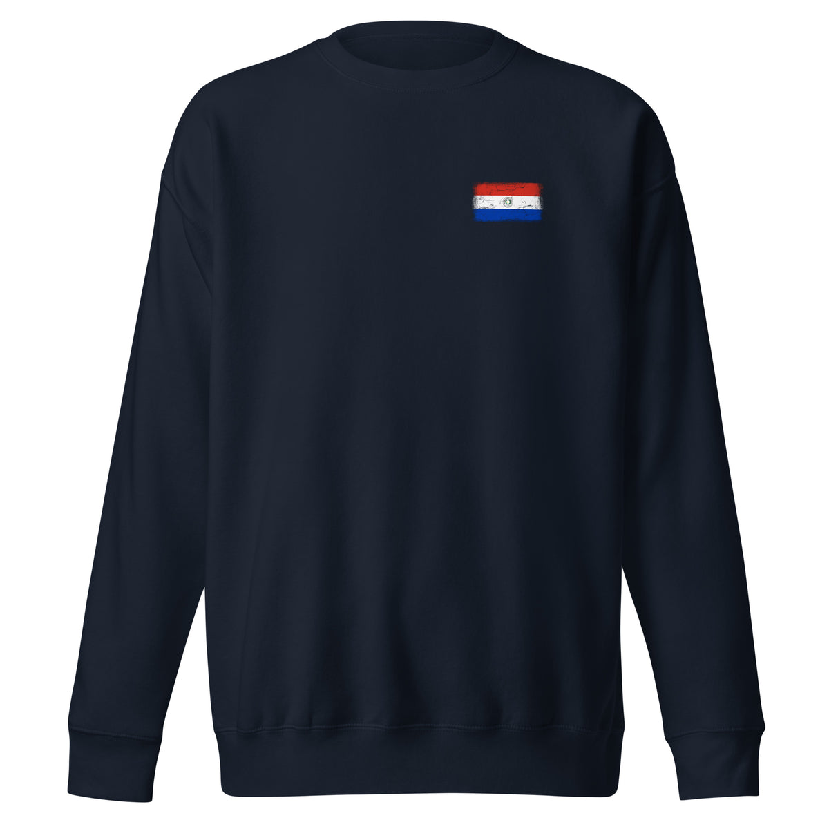 Paraguay flag sweatshirt in Navy Blazer, vintage-washed print, small flag on the left chest, unisex cut, front view