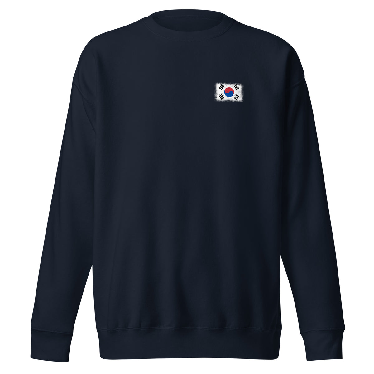 South Korea flag sweatshirt in Navy Blazer, vintage-washed print, small flag on the left chest, unisex cut, front view