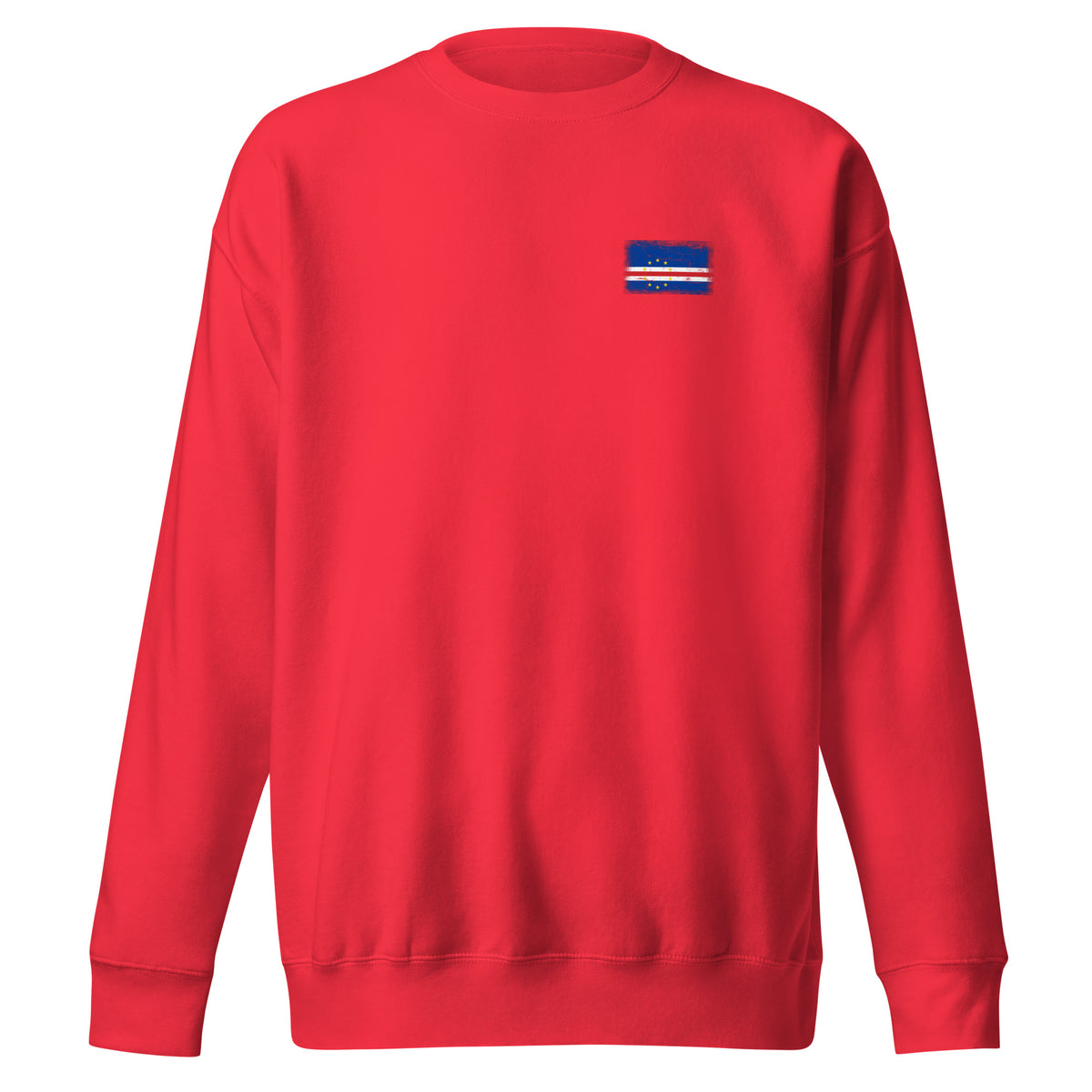 Cape Verde flag sweatshirt in Team Red, vintage-washed print, small flag on the left chest, unisex cut, front view