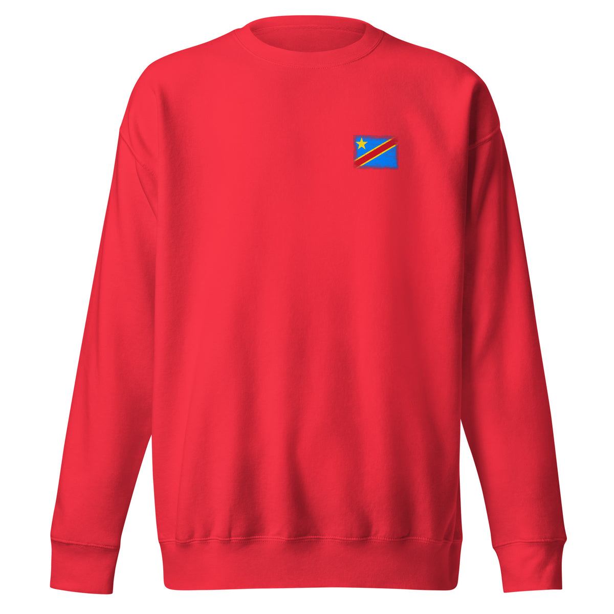 Congo flag sweatshirt in Team Red, vintage-washed print, small flag on the left chest, unisex cut, front view