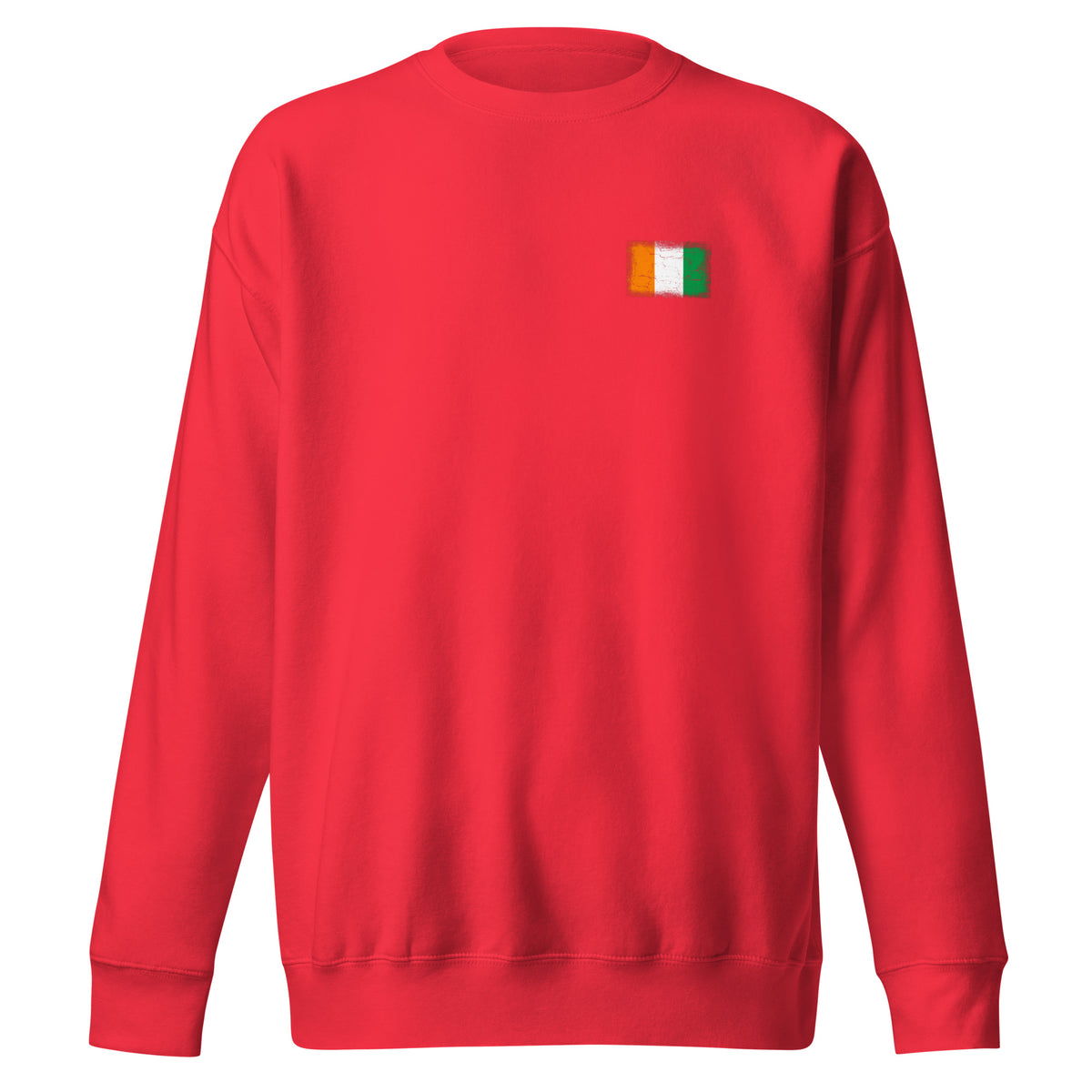 Côte d'Ivoire flag sweatshirt in Team Red, vintage-washed print, small flag on the left chest, unisex cut, front view