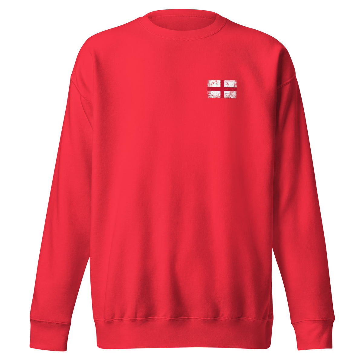 England flag sweatshirt in Team Red, vintage-washed print, small flag on the left chest, unisex cut, front view