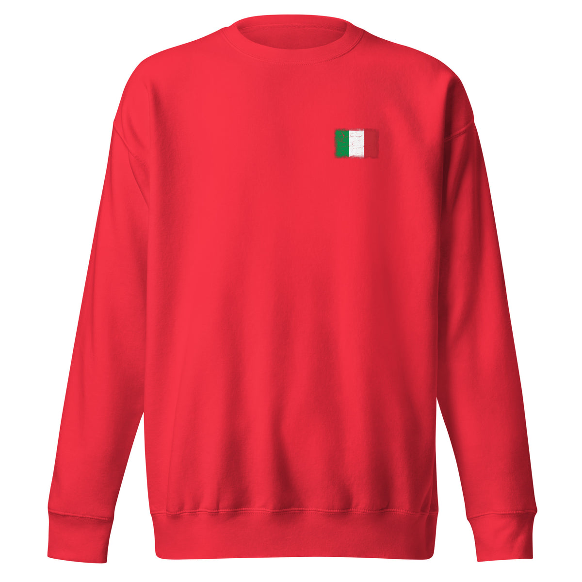 Italy flag sweatshirt in Team Red, vintage-washed print, small flag on the left chest, unisex cut, front view