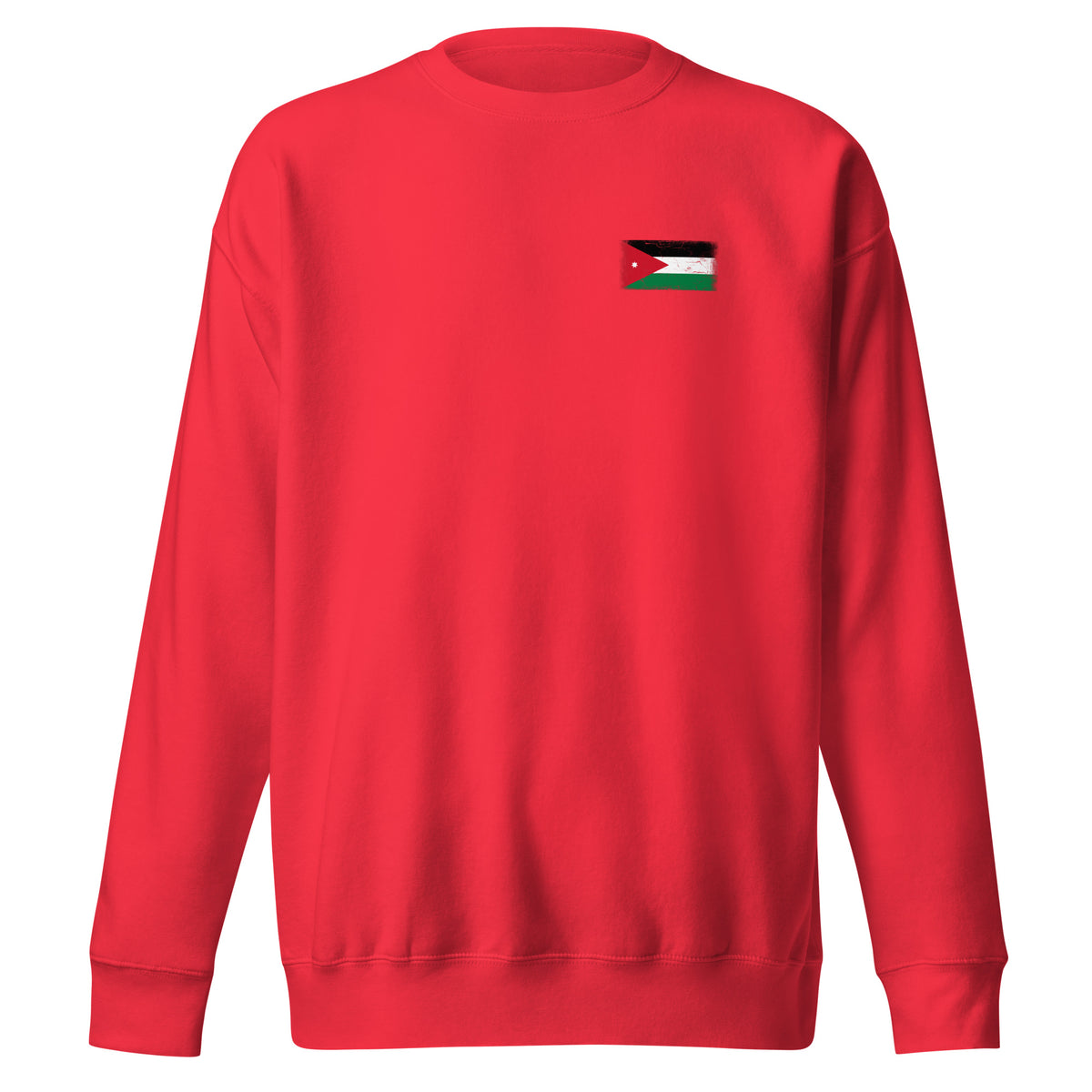 Jordan flag sweatshirt in Team Red, vintage-washed print, small flag on the left chest, unisex cut, front view