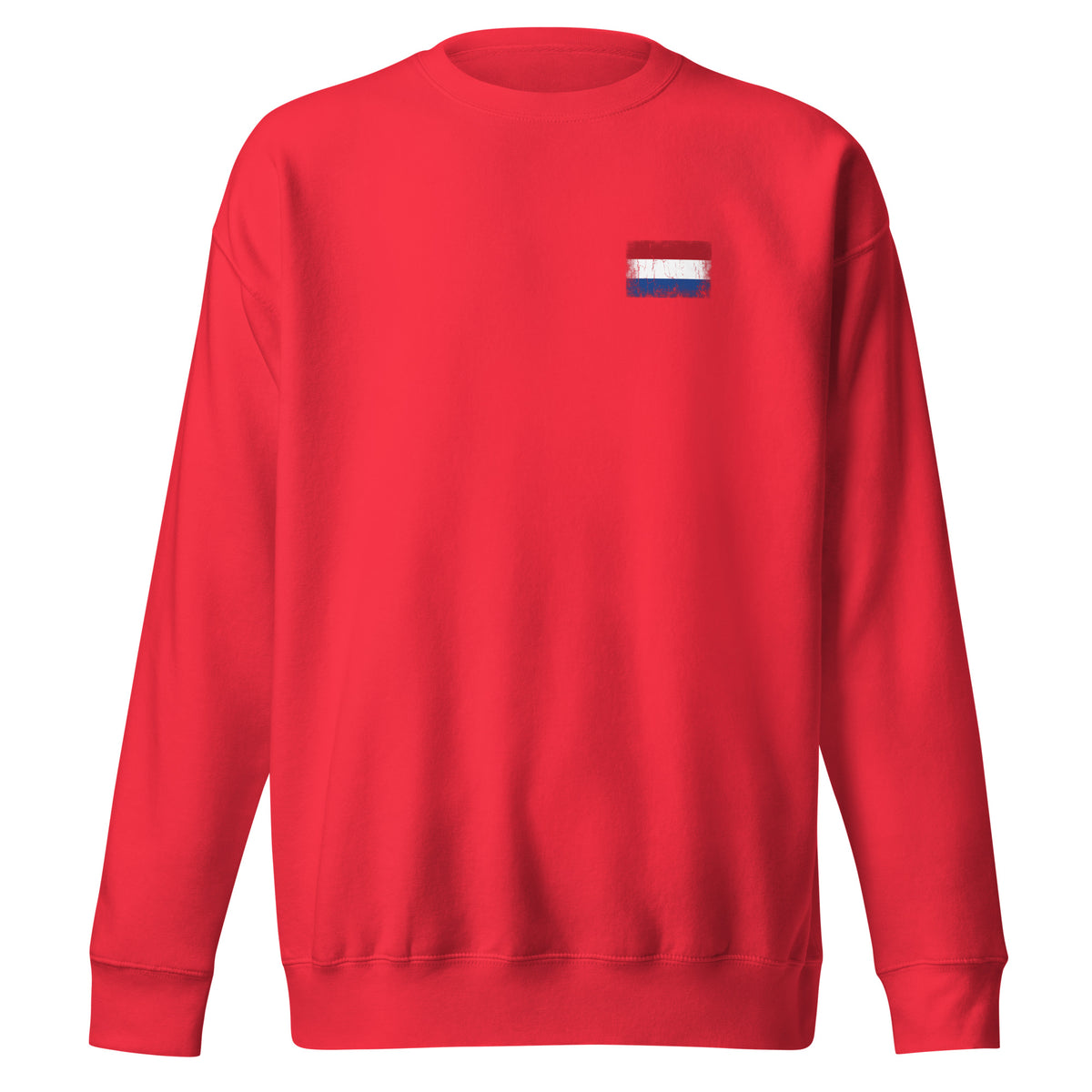 Netherlands flag sweatshirt in Team Red, vintage-washed print, small flag on the left chest, unisex cut, front view