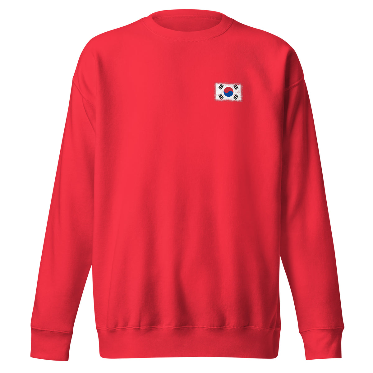 South Korea flag sweatshirt in Team Red, vintage-washed print, small flag on the left chest, unisex cut, front view