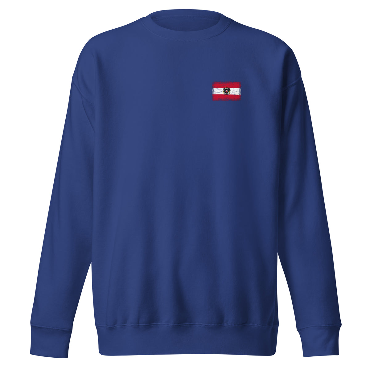 Austria flag sweatshirt in Team Royal, vintage-washed print, small flag on the left chest, unisex cut, front view