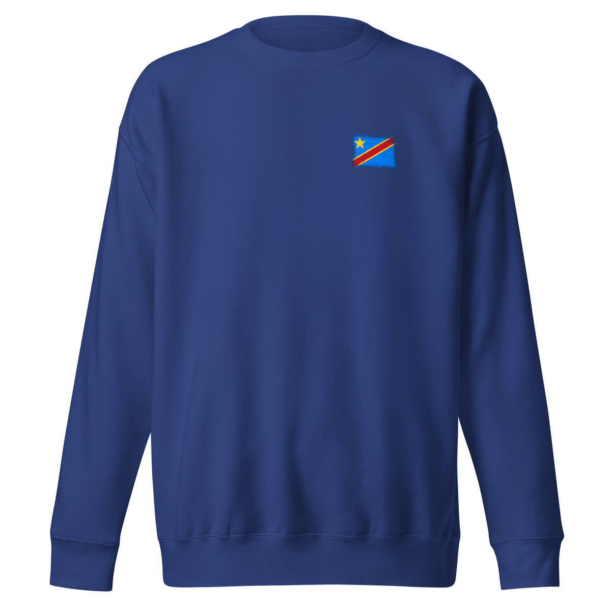 Congo flag sweatshirt in Team Royal, vintage-washed print, small flag on the left chest, unisex cut, front view