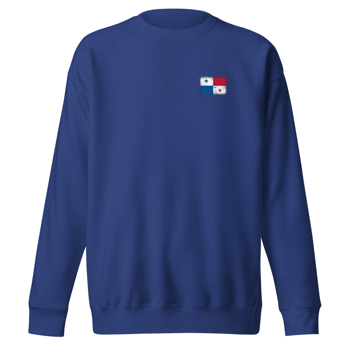 Panama flag sweatshirt in Team Royal, vintage-washed print, small flag on the left chest, unisex cut, front view