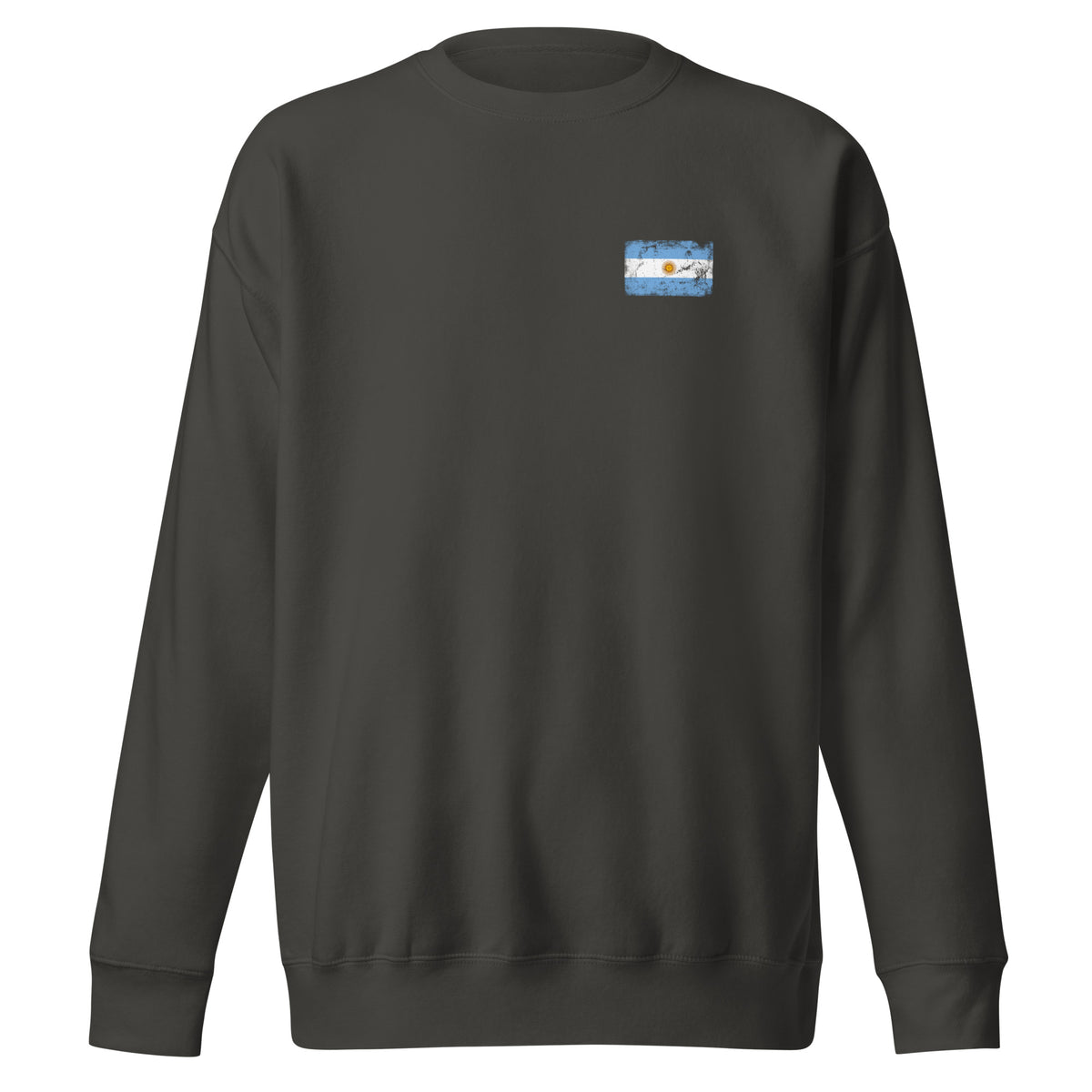 Argentina flag sweatshirt in Vintage Black, vintage-washed print, small flag on the left chest, unisex cut, front view