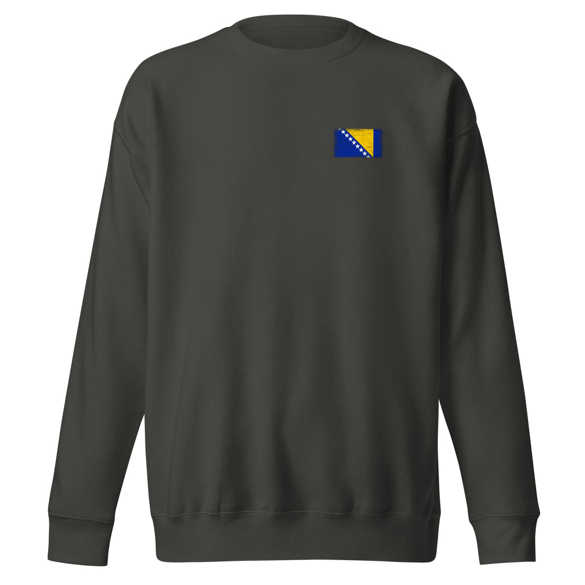 Bosnia and Herzegovina flag sweatshirt in Vintage Black, vintage-washed print, small flag on the left chest, unisex cut, front view
