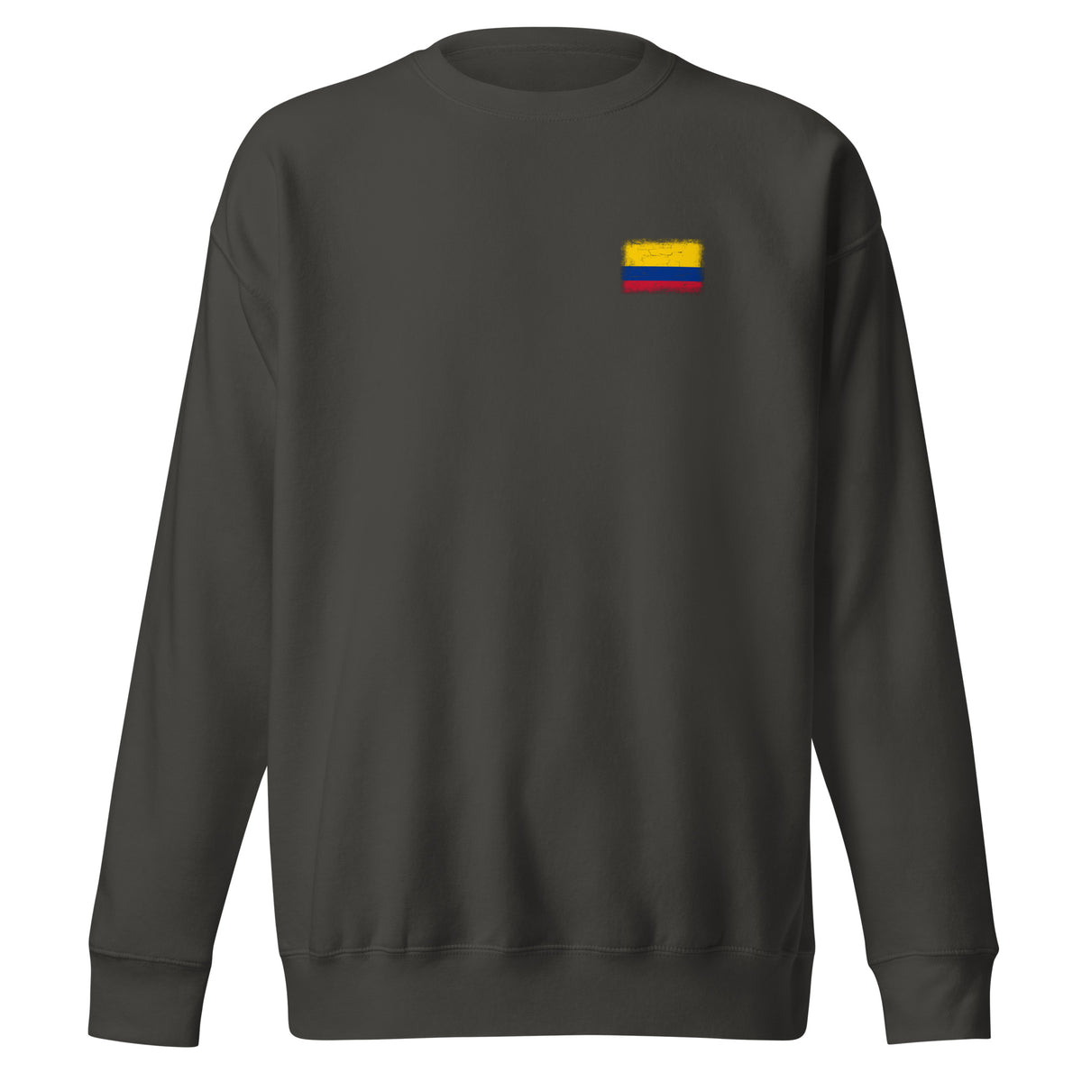 Colombia flag sweatshirt in Vintage Black, vintage-washed print, small flag on the left chest, unisex cut, front view